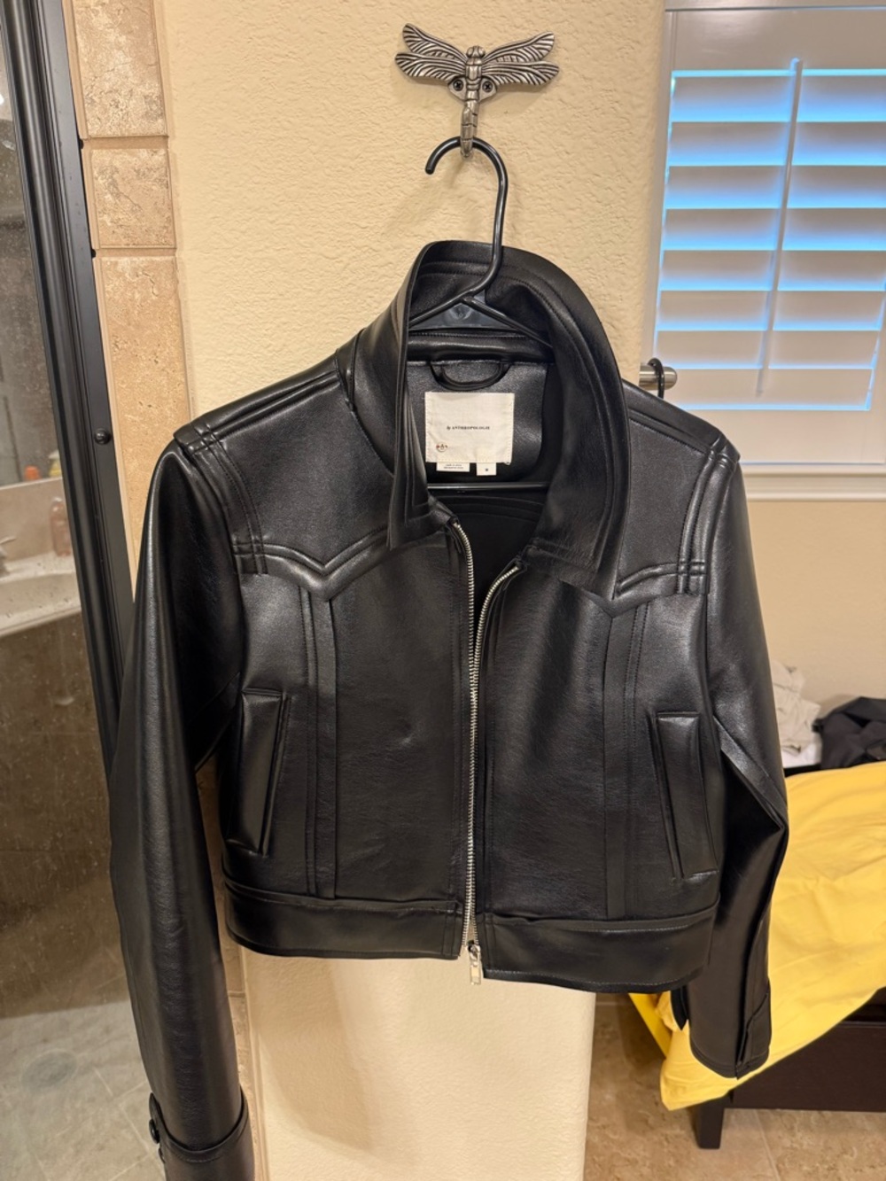 Anthropologie Black Cropped Faux Leather Zip-Up Jacket